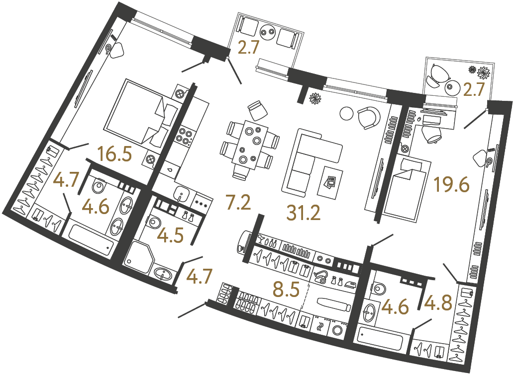 Планировка: 2-комнатная квартира, 110,9 м²