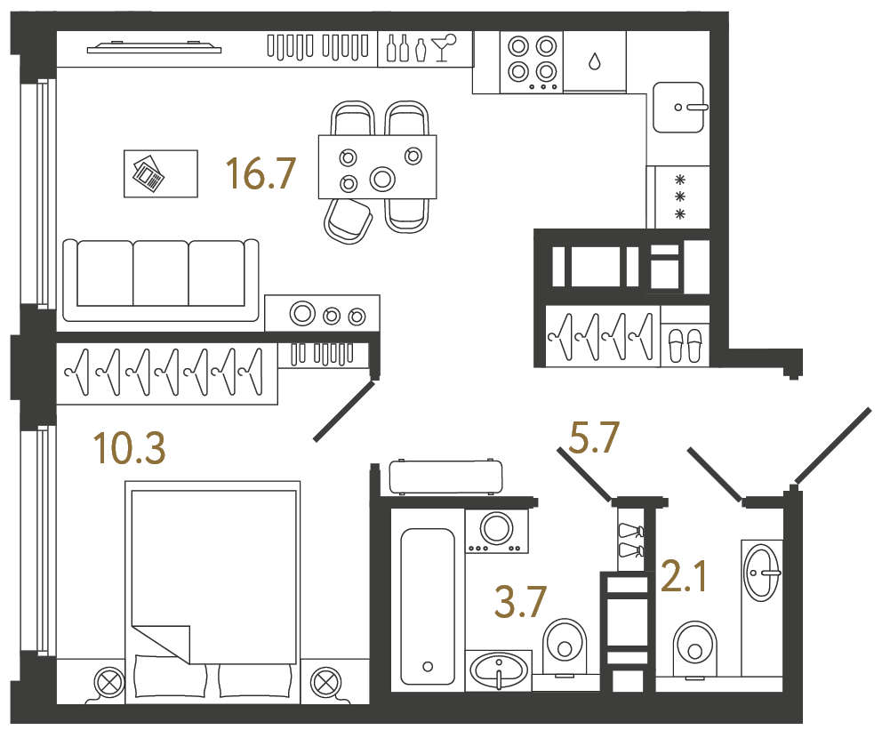 Планировка: 1-комнатная квартира, 38,5 м²