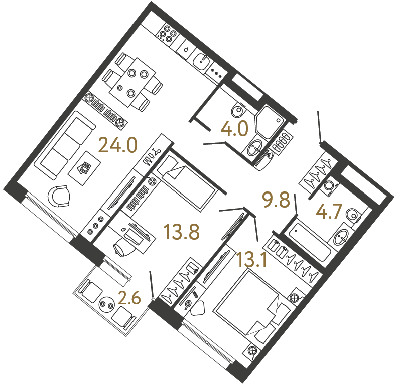 Планировка: 2-комнатная квартира, 69,4 м²