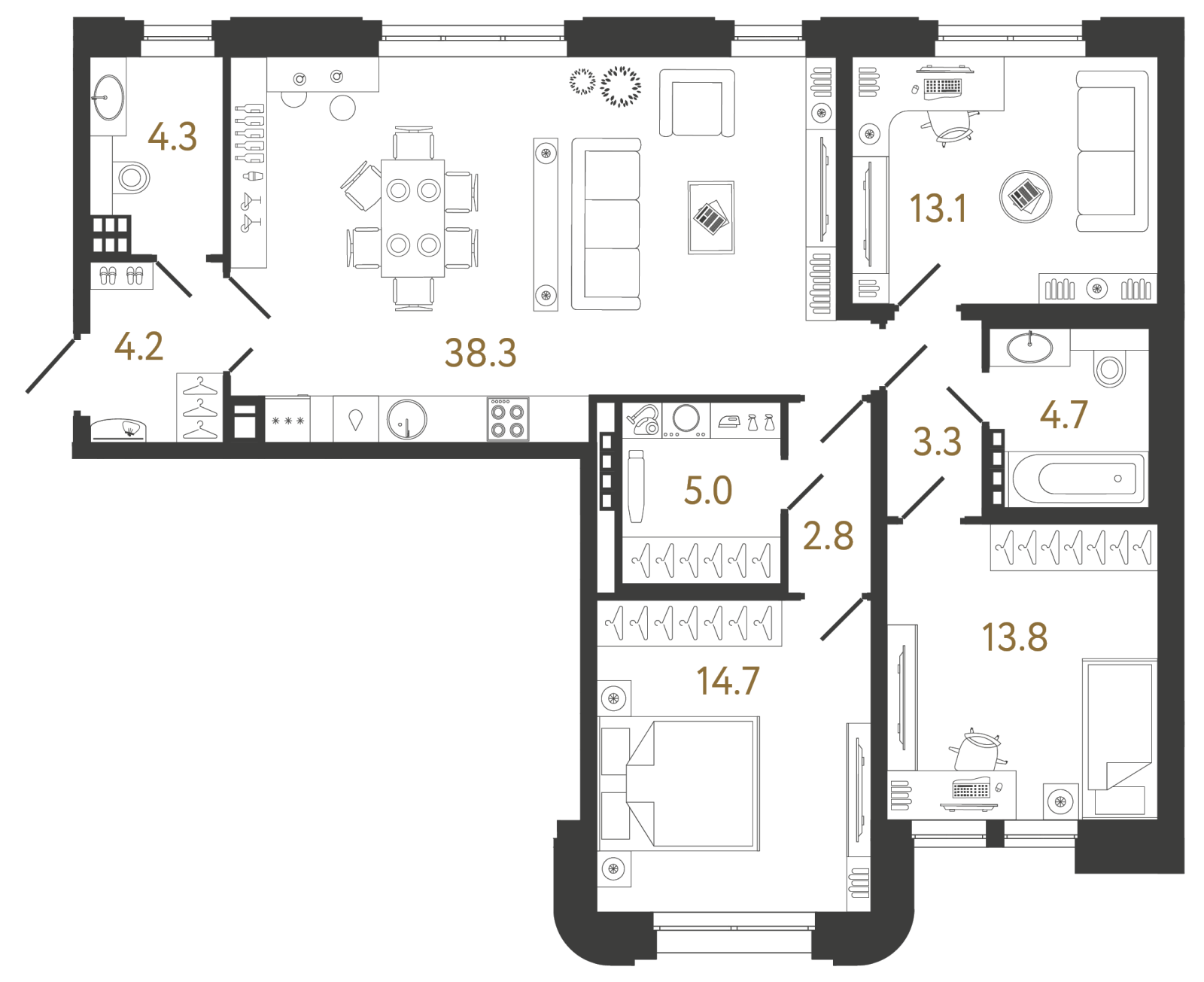Планировка: 3-комнатная квартира, 104,2 м²