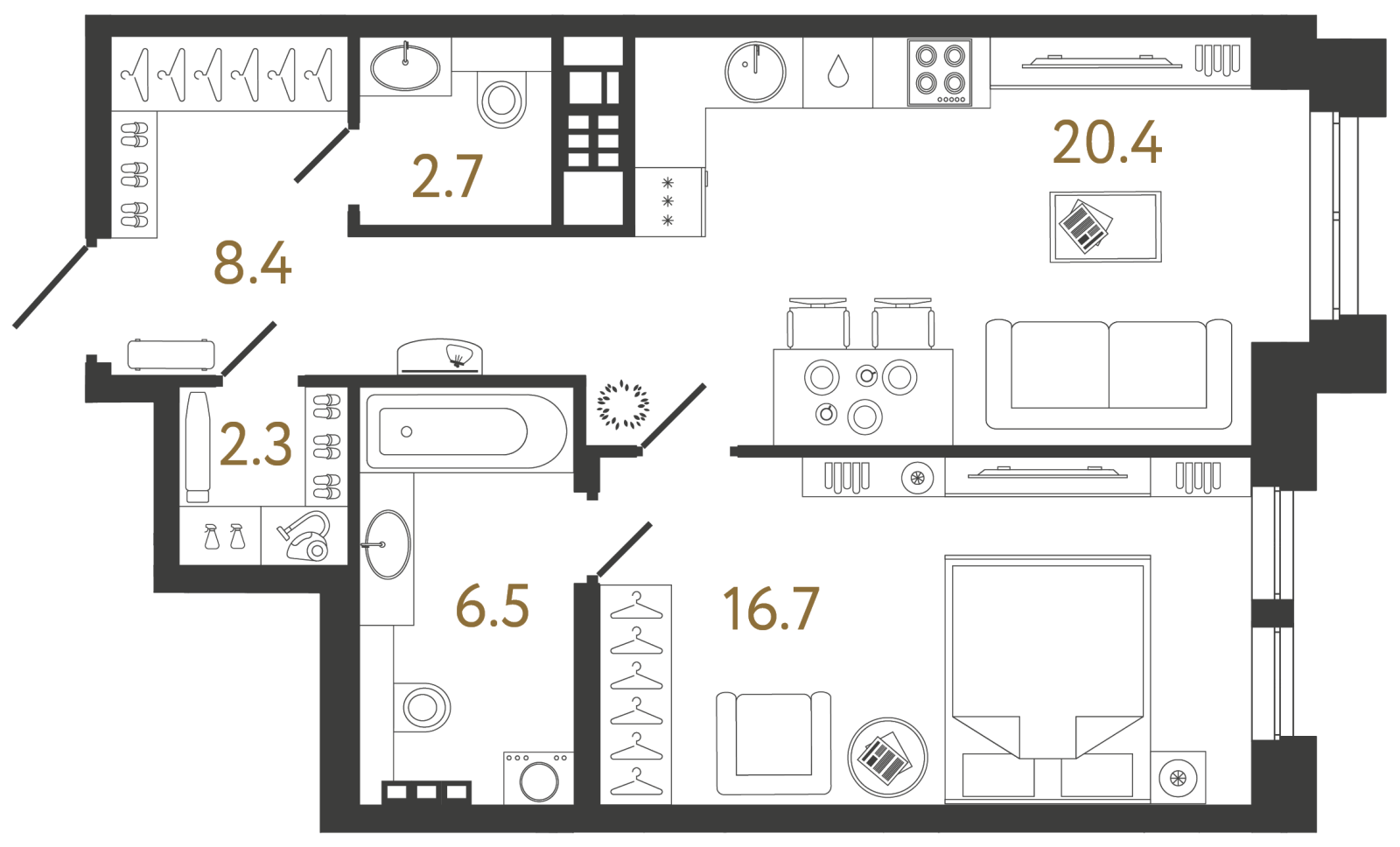 Планировка: 1-комнатная квартира, 57,0 м²