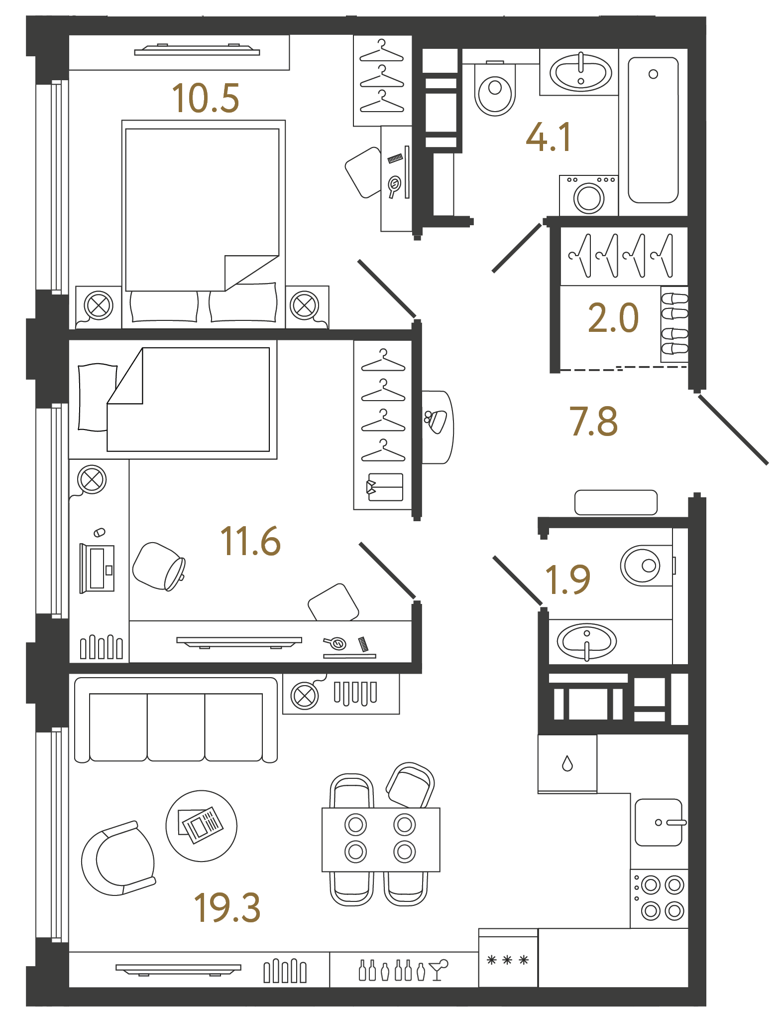 Планировка: 2-комнатная квартира, 57,2 м²