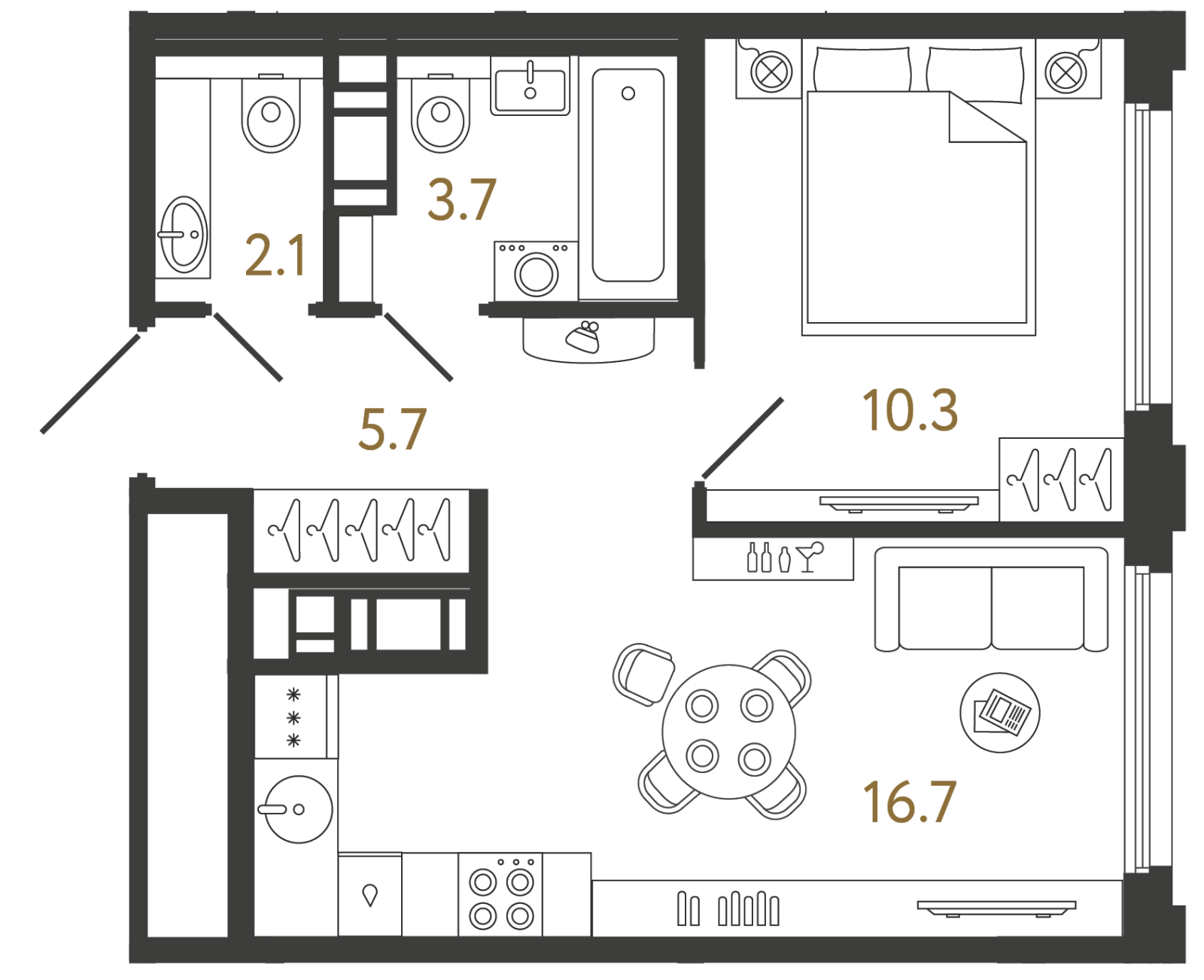 Планировка: 1-комнатная квартира, 38,5 м²
