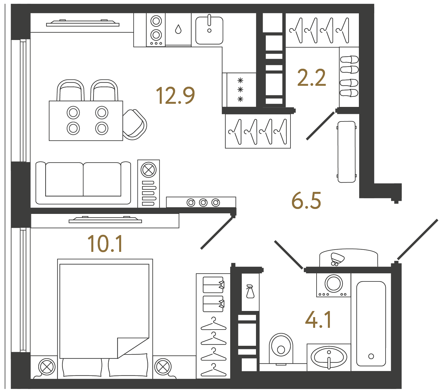 Планировка: 1-комнатная квартира, 35,8 м²