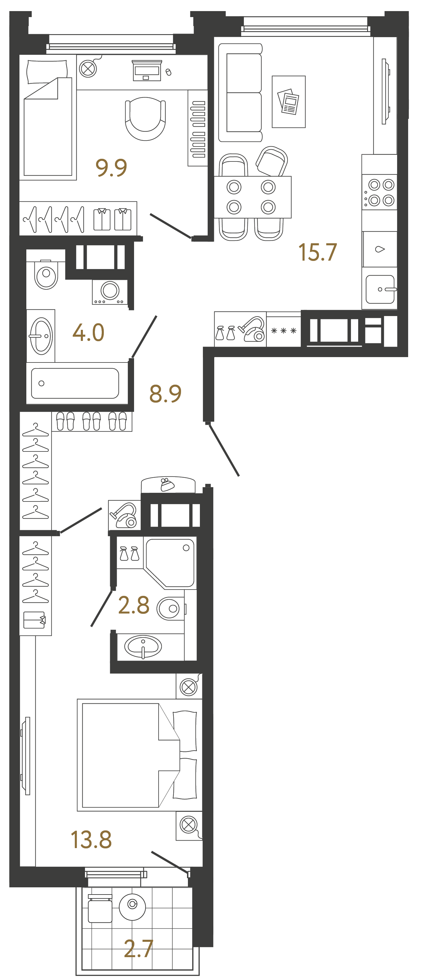 Планировка: 2-комнатная квартира, 55,1 м²