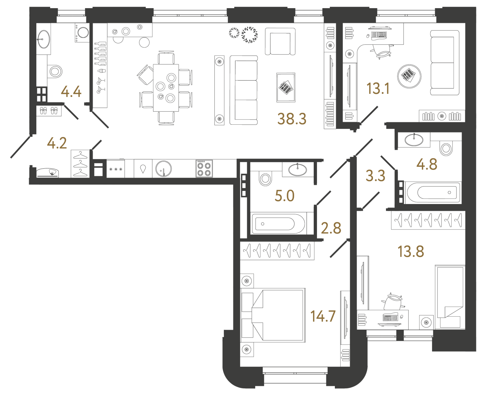 Планировка: 3-комнатная квартира, 104,4 м²
