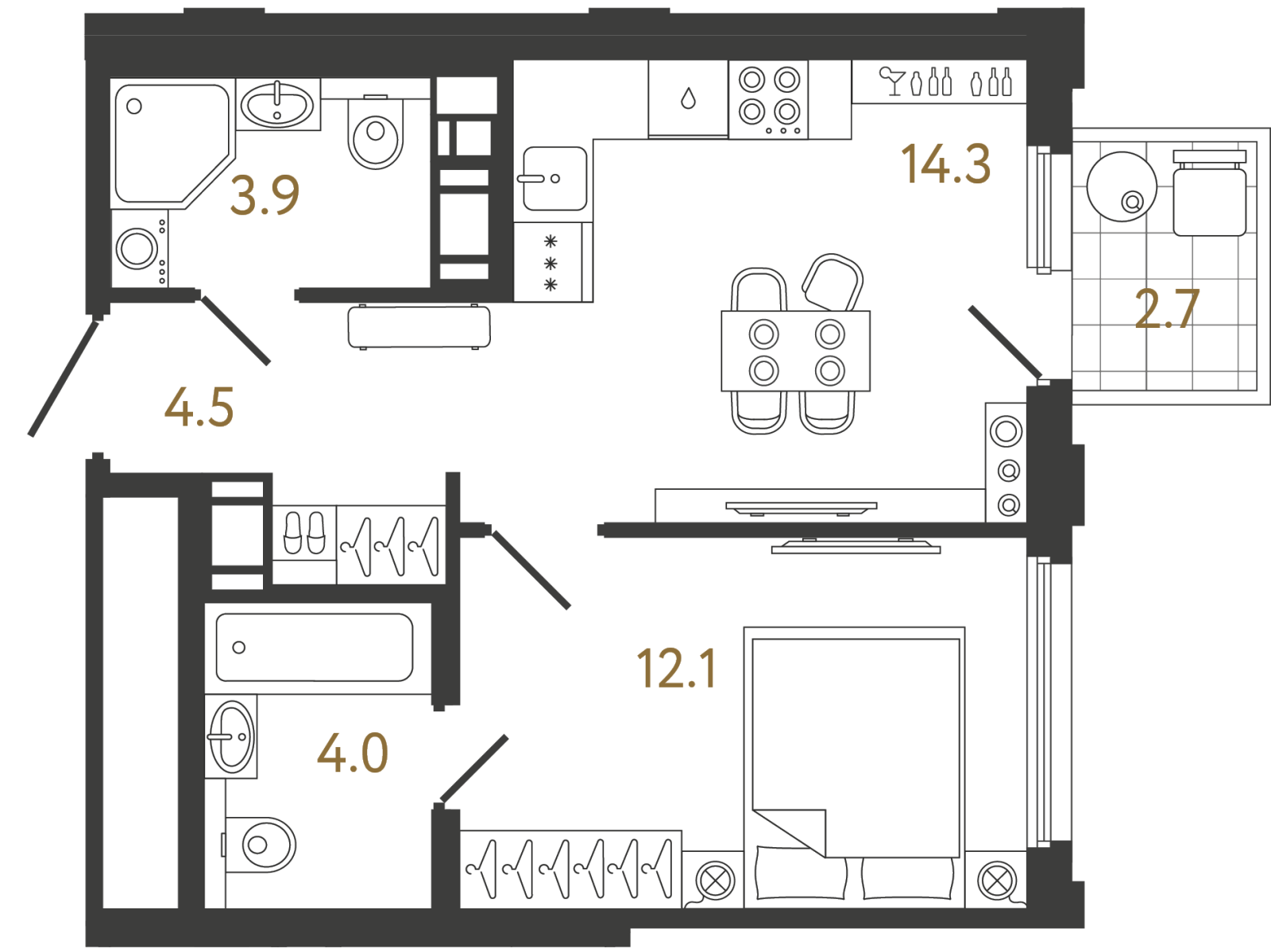 Планировка: 1-комнатная квартира, 38,8 м²
