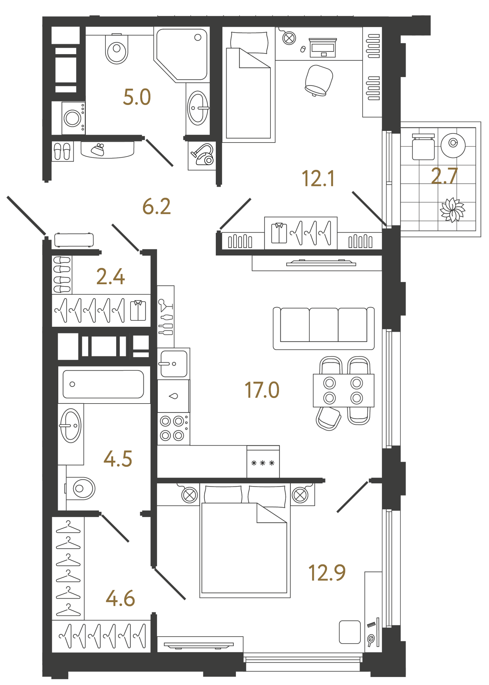 Планировка: 2-комнатная квартира, 64,7 м²