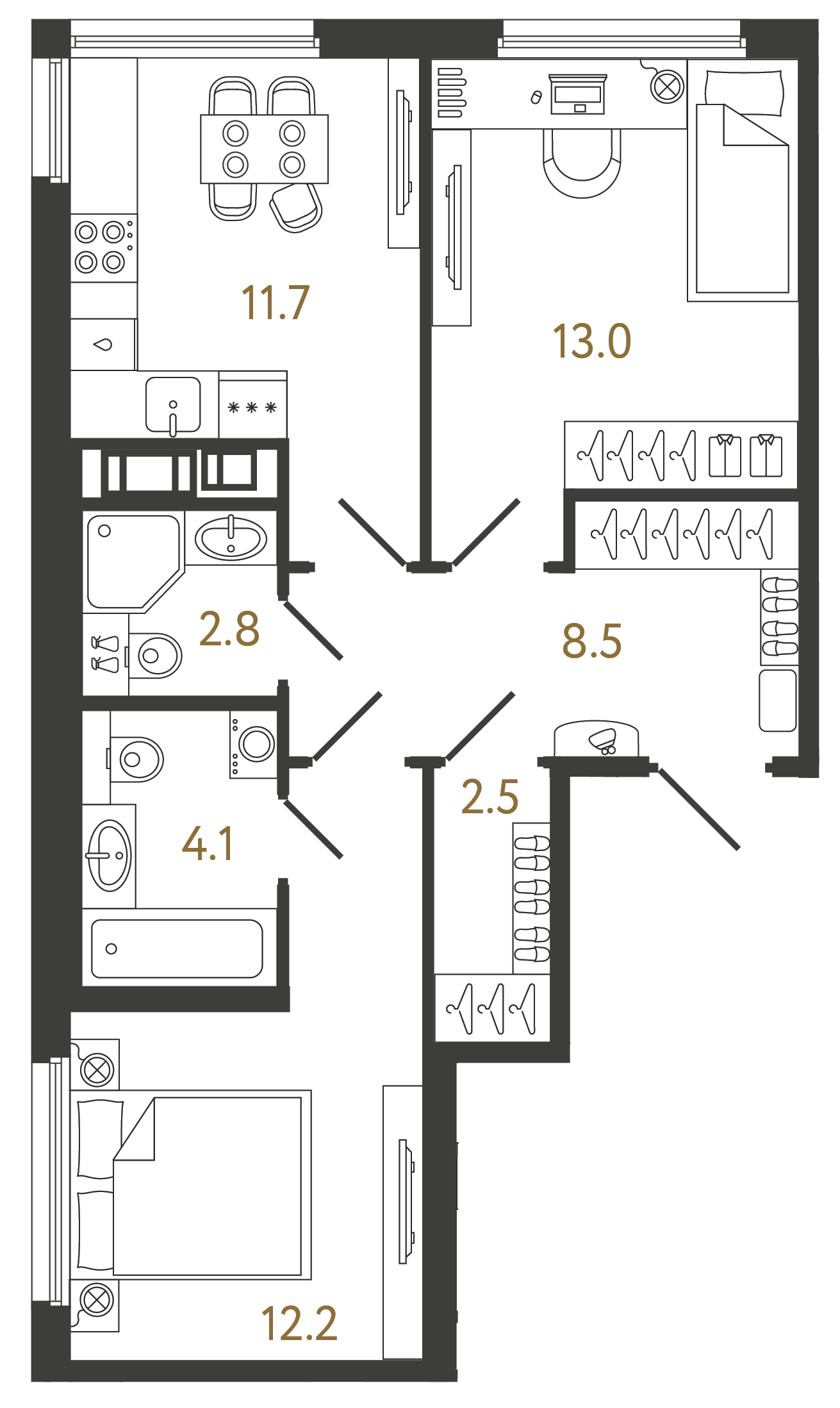 Планировка: 2-комнатная квартира, 54,8 м²