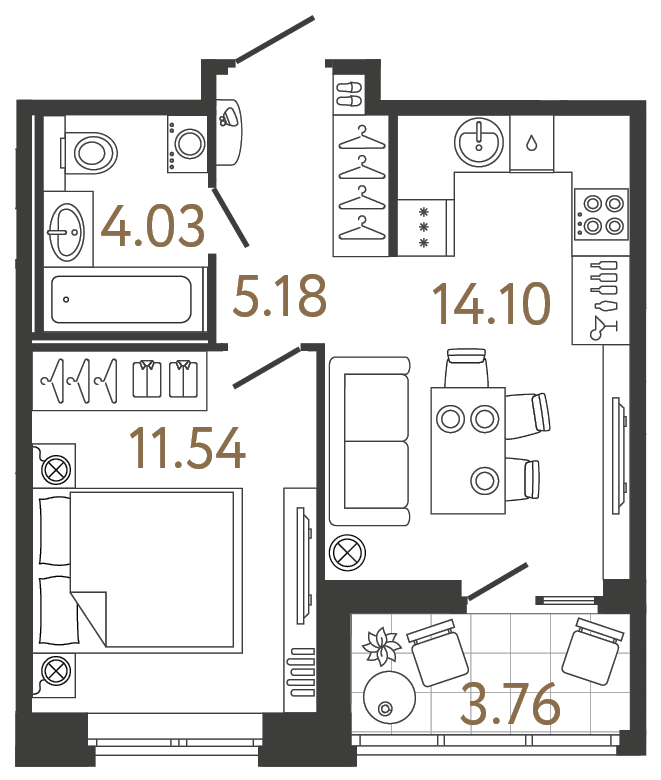 Планировка: 1-комнатная квартира, 34,9 м²