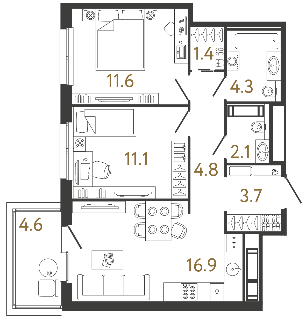 Планировка: 2-комнатная квартира, 55,9 м²