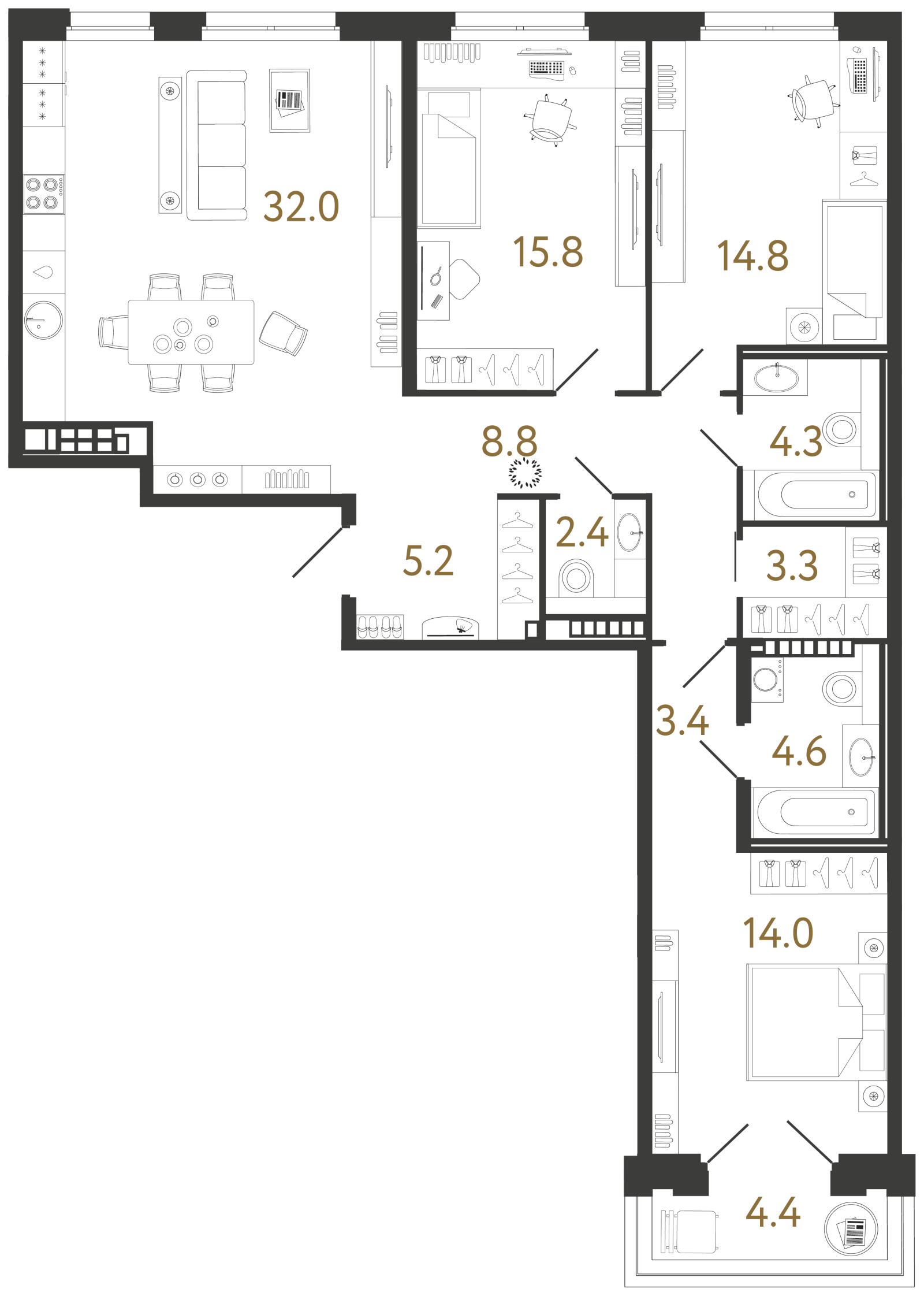 Планировка: 3-комнатная квартира, 108,6 м²