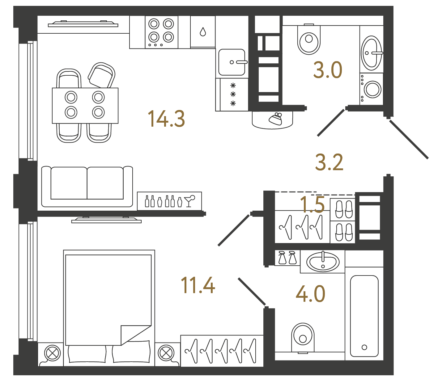 Планировка: 1-комнатная квартира, 37,4 м²