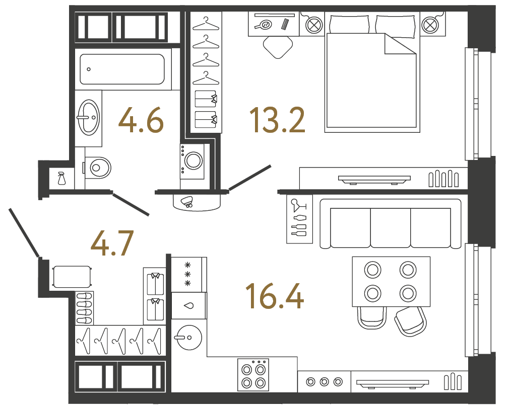 Планировка: 1-комнатная квартира, 38,9 м²