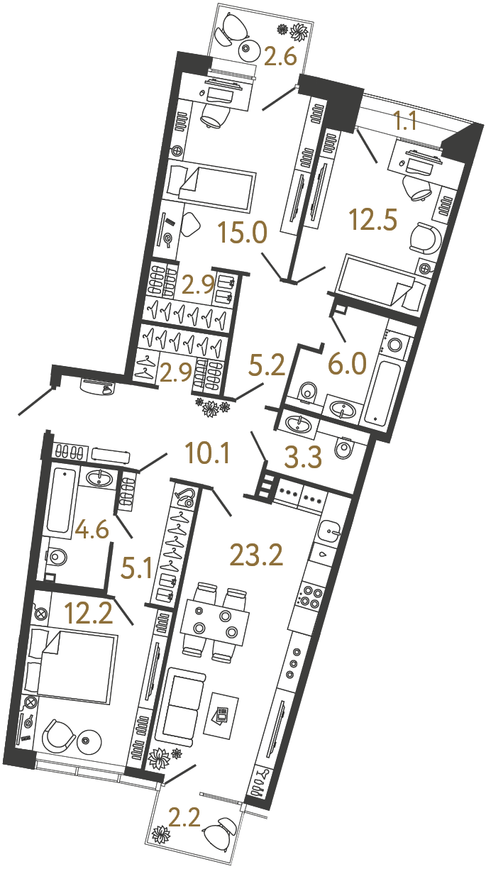 Планировка: 3-комнатная квартира, 103,0 м²