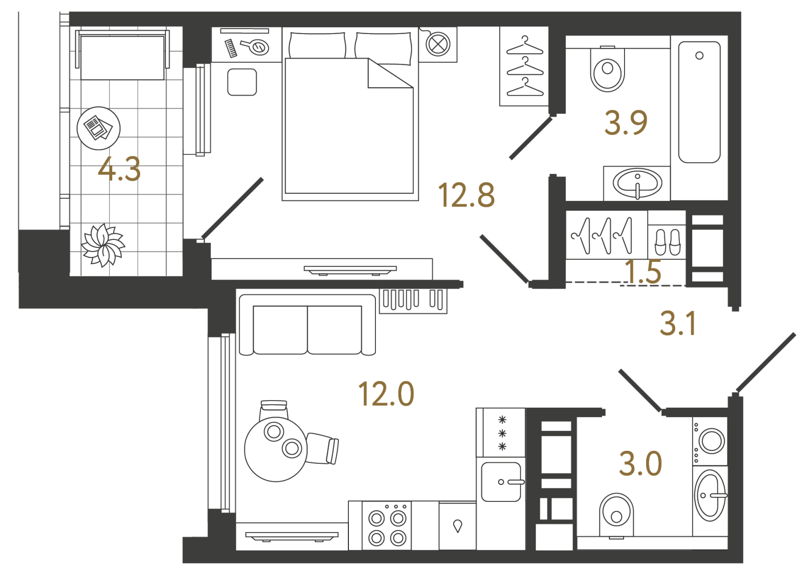 Планировка: 1-комнатная квартира, 36,3 м²