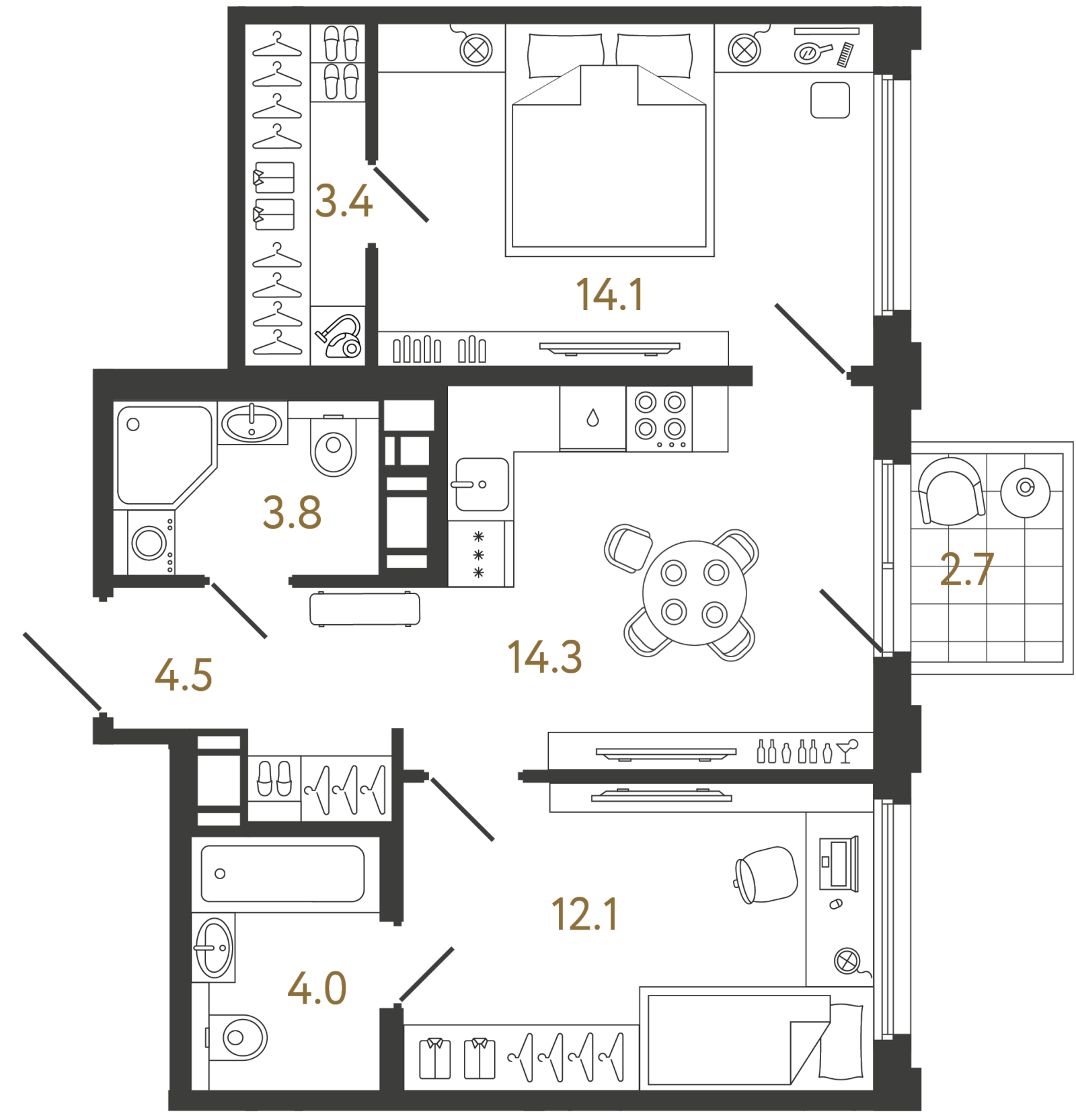 Планировка: 2-комнатная квартира, 56,2 м²