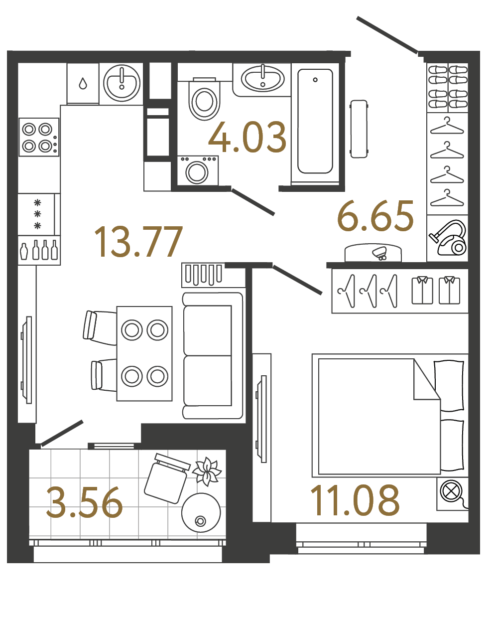 Планировка: 1-комнатная квартира, 35,5 м²