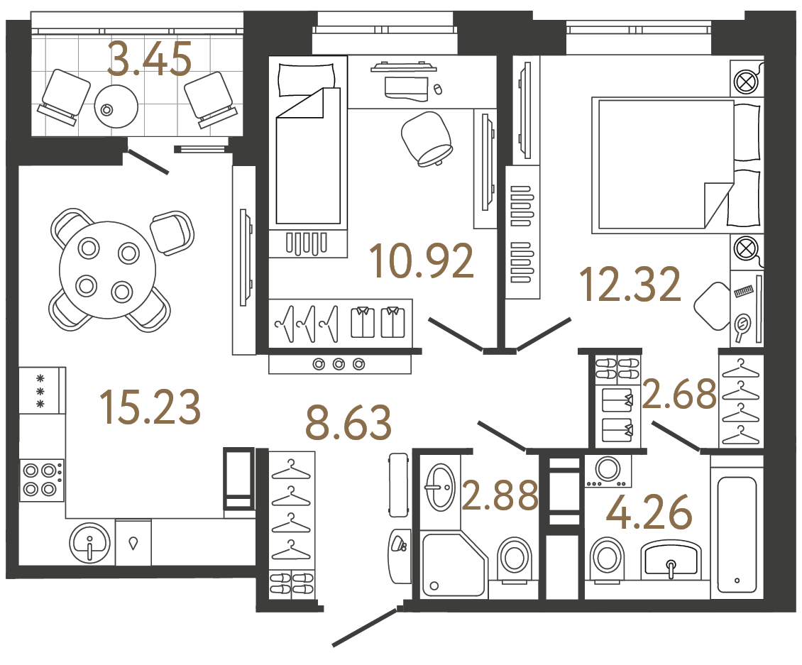 Планировка: 2-комнатная квартира, 56,9 м²