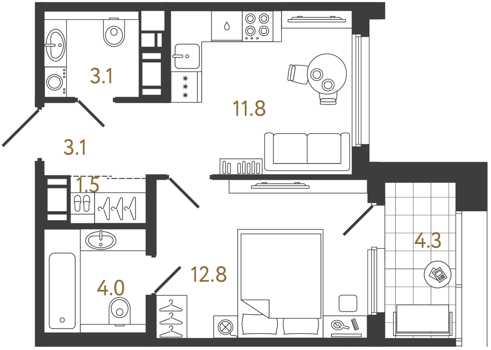 Планировка: 1-комнатная квартира, 36,3 м²