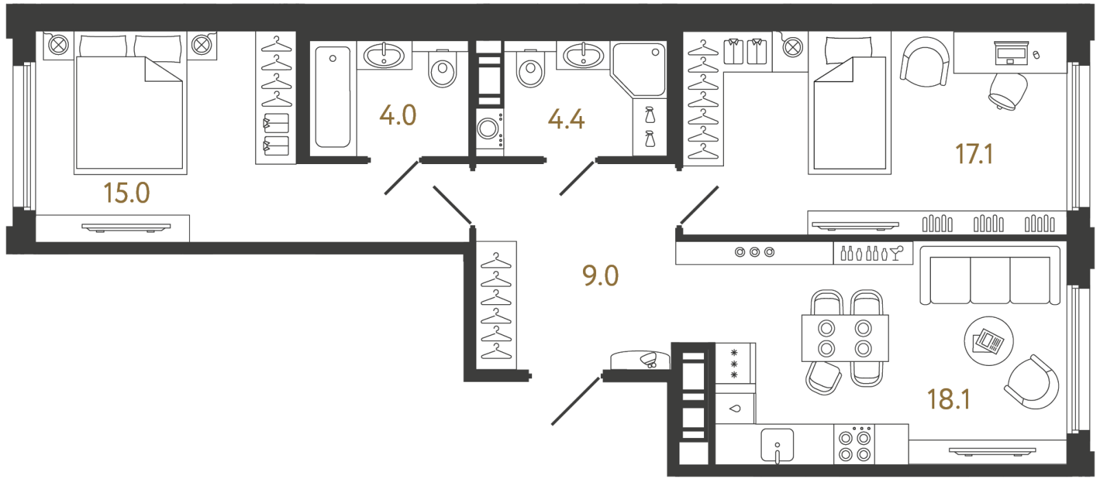 Планировка: 2-комнатная квартира, 67,6 м²