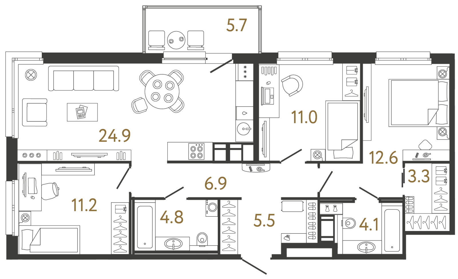 Планировка: 3-комнатная квартира, 84,3 м²