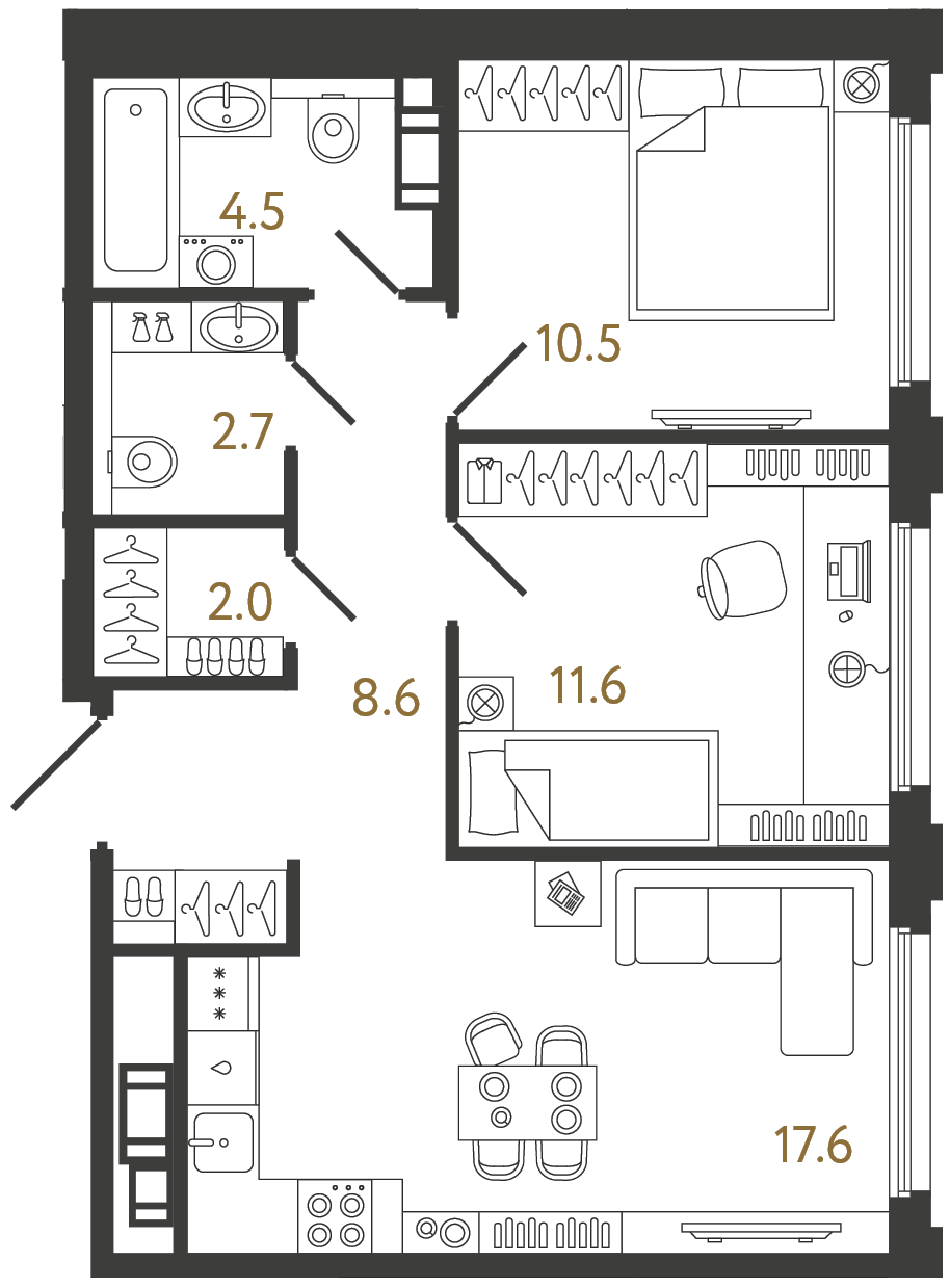 Планировка: 2-комнатная квартира, 57,5 м²