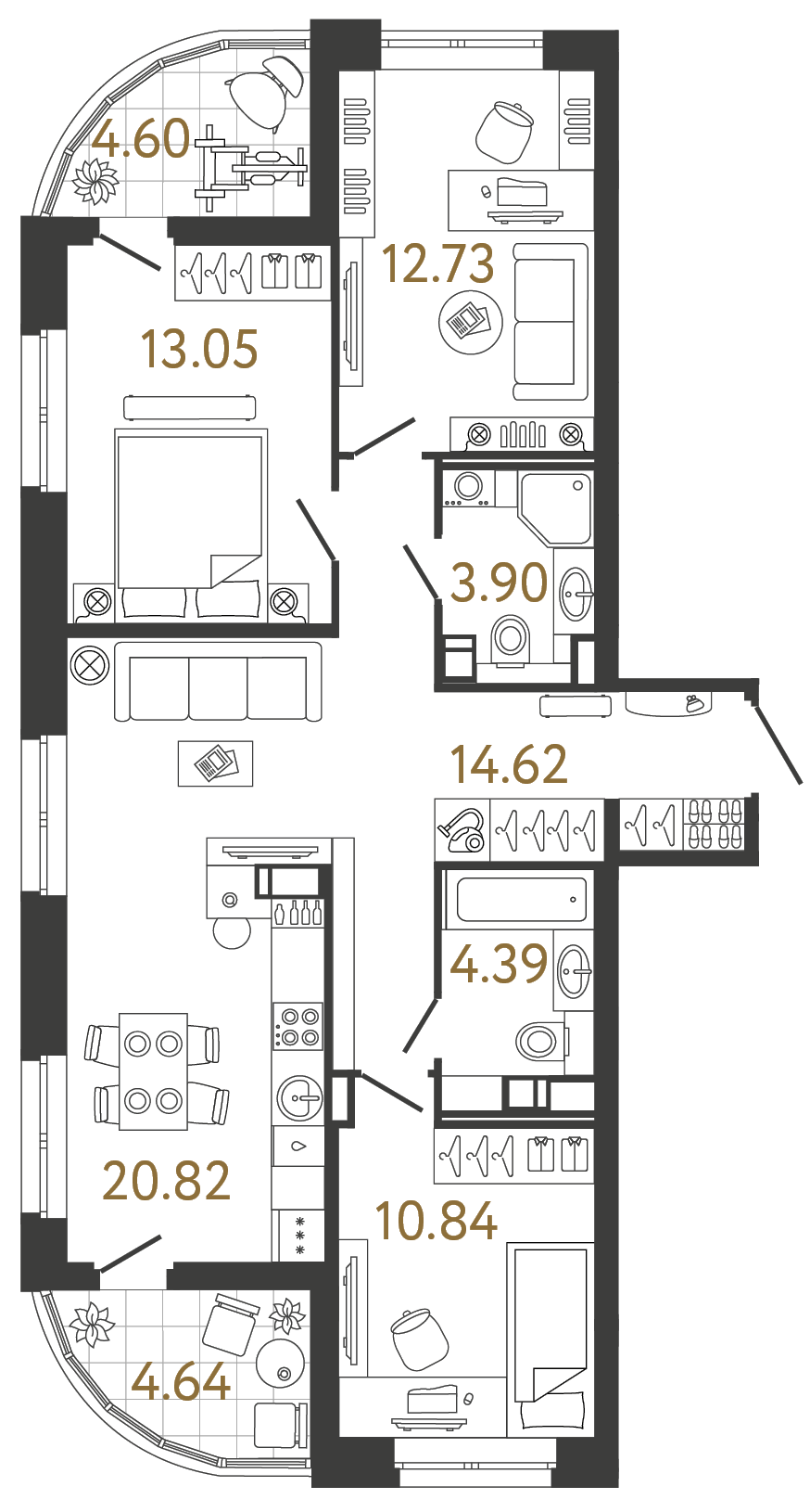 Планировка: 3-комнатная квартира, 80,4 м²