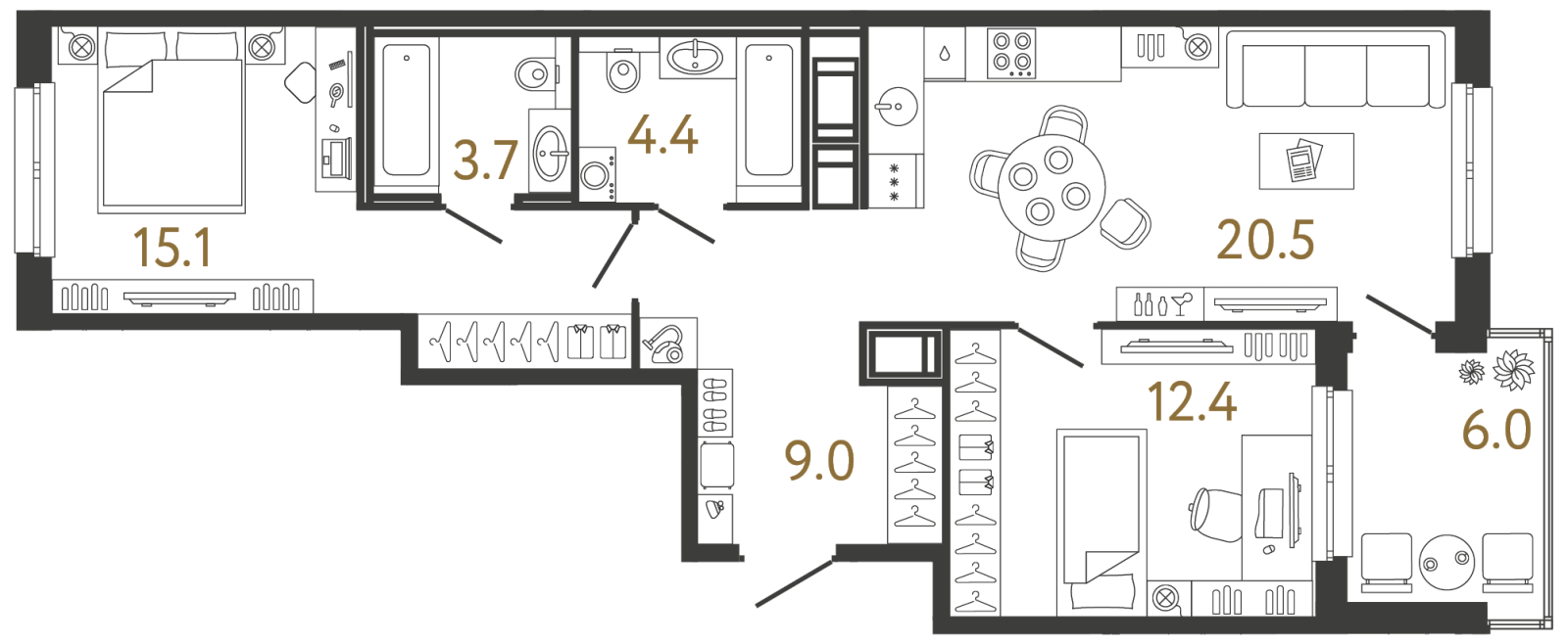 Планировка: 2-комнатная квартира, 65,1 м²