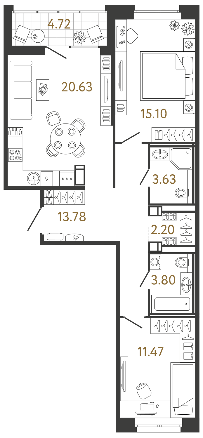 Планировка: 2-комнатная квартира, 70,6 м²
