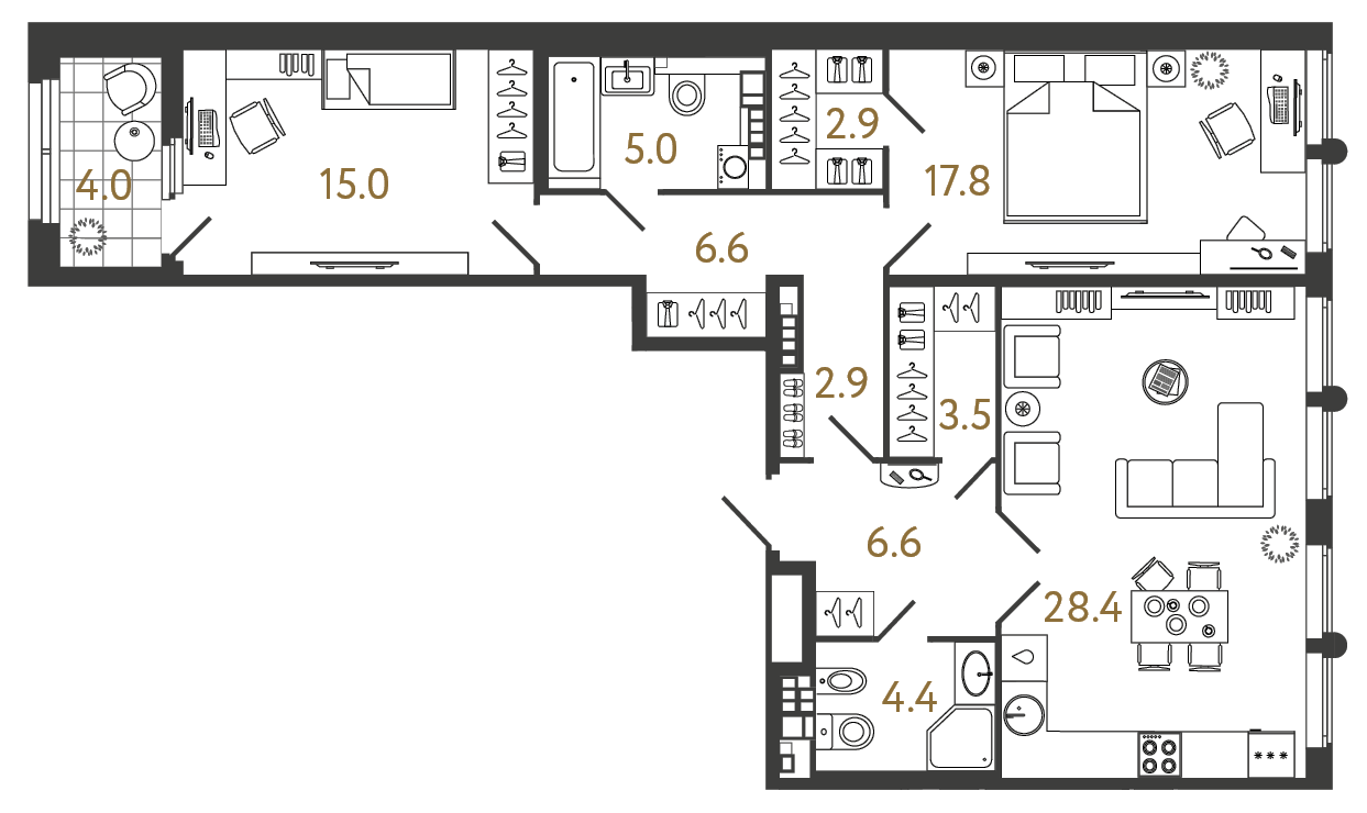 Планировка: 2-комнатная квартира, 93,1 м²