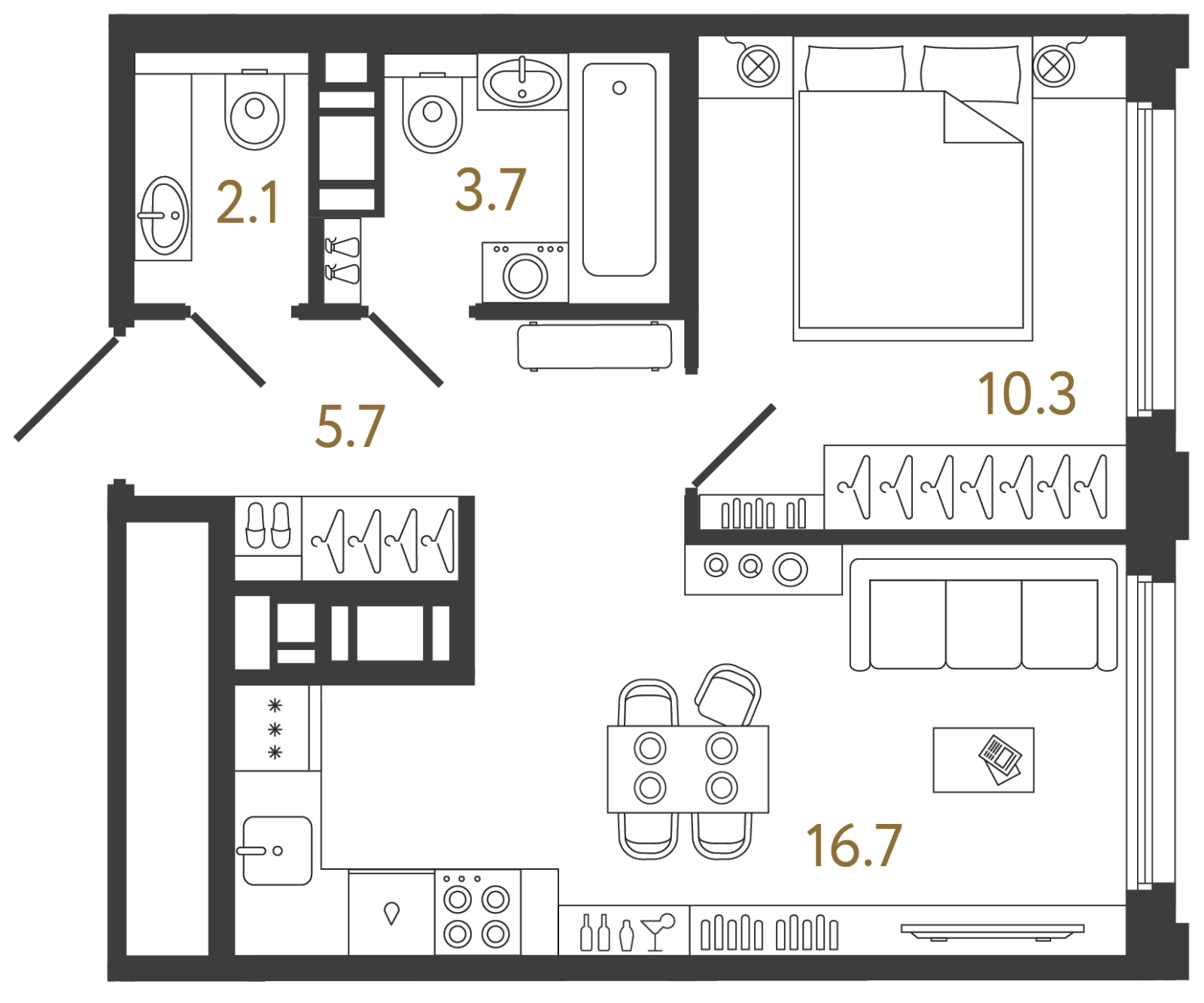 Планировка: 1-комнатная квартира, 38,5 м²