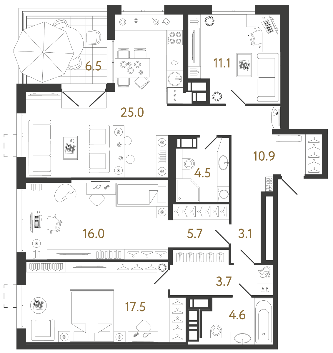 Планировка: 3-комнатная квартира, 102,1 м²