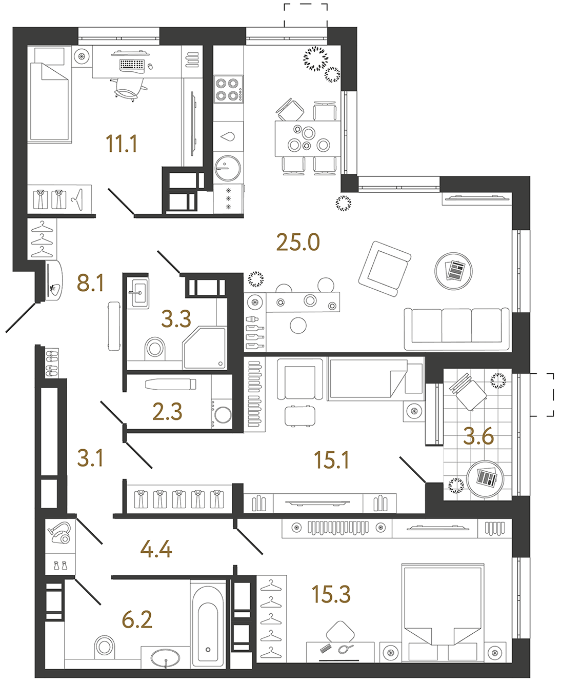 Планировка: 3-комнатная квартира, 93,9 м²