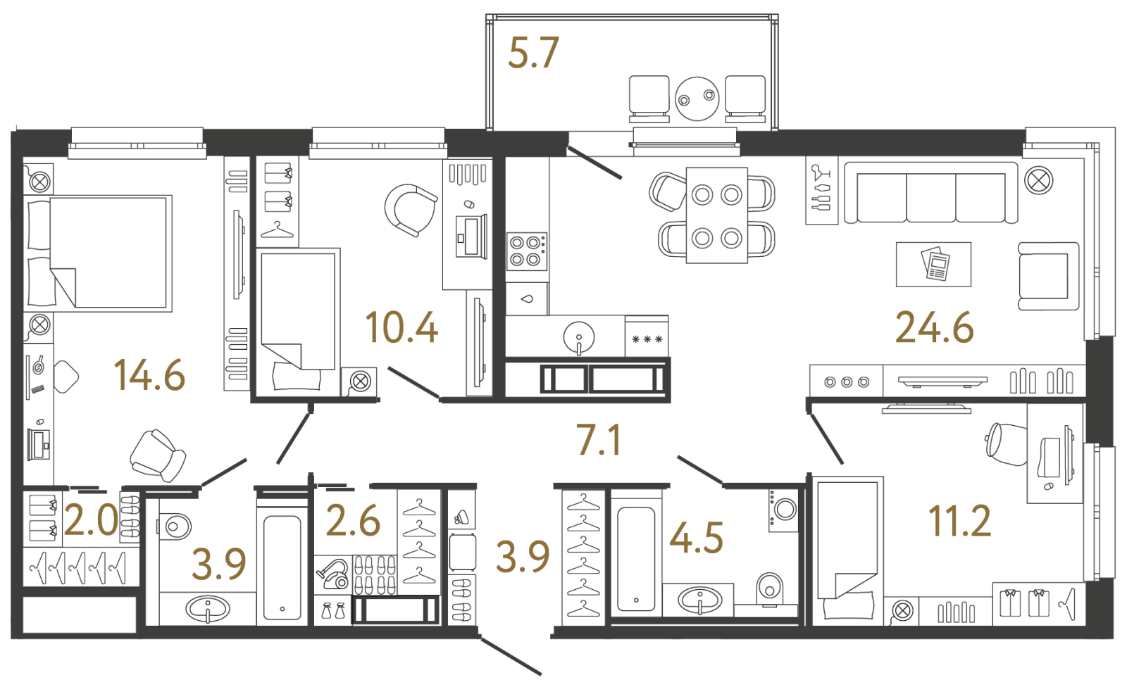 Планировка: 3-комнатная квартира, 84,8 м²