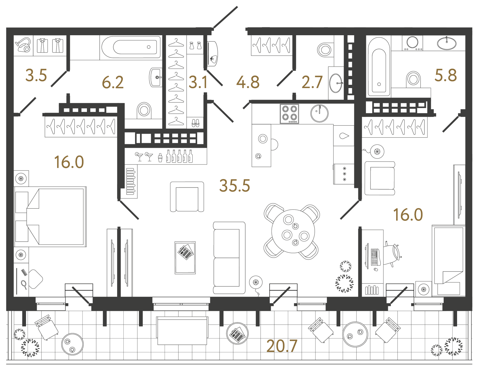 Планировка: 2-комнатная квартира, 93,6 м²