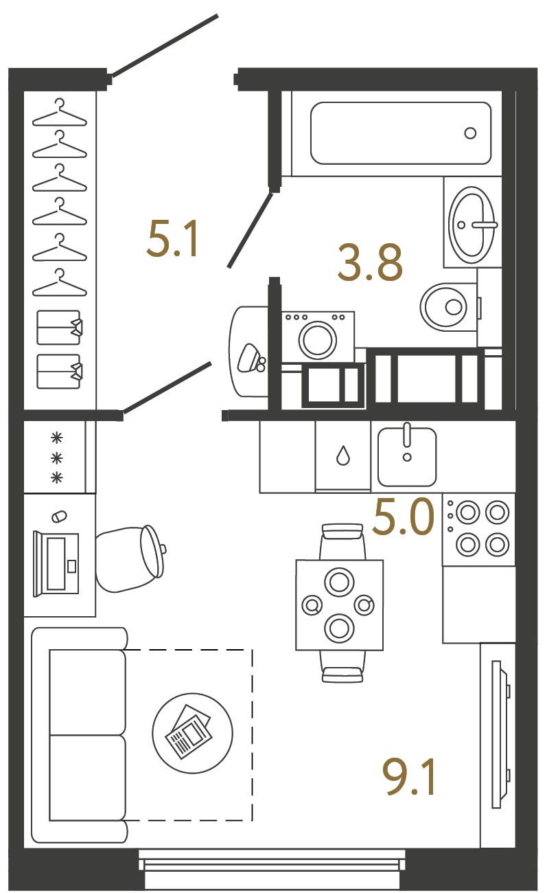 Планировка: студия, 23,0 м²