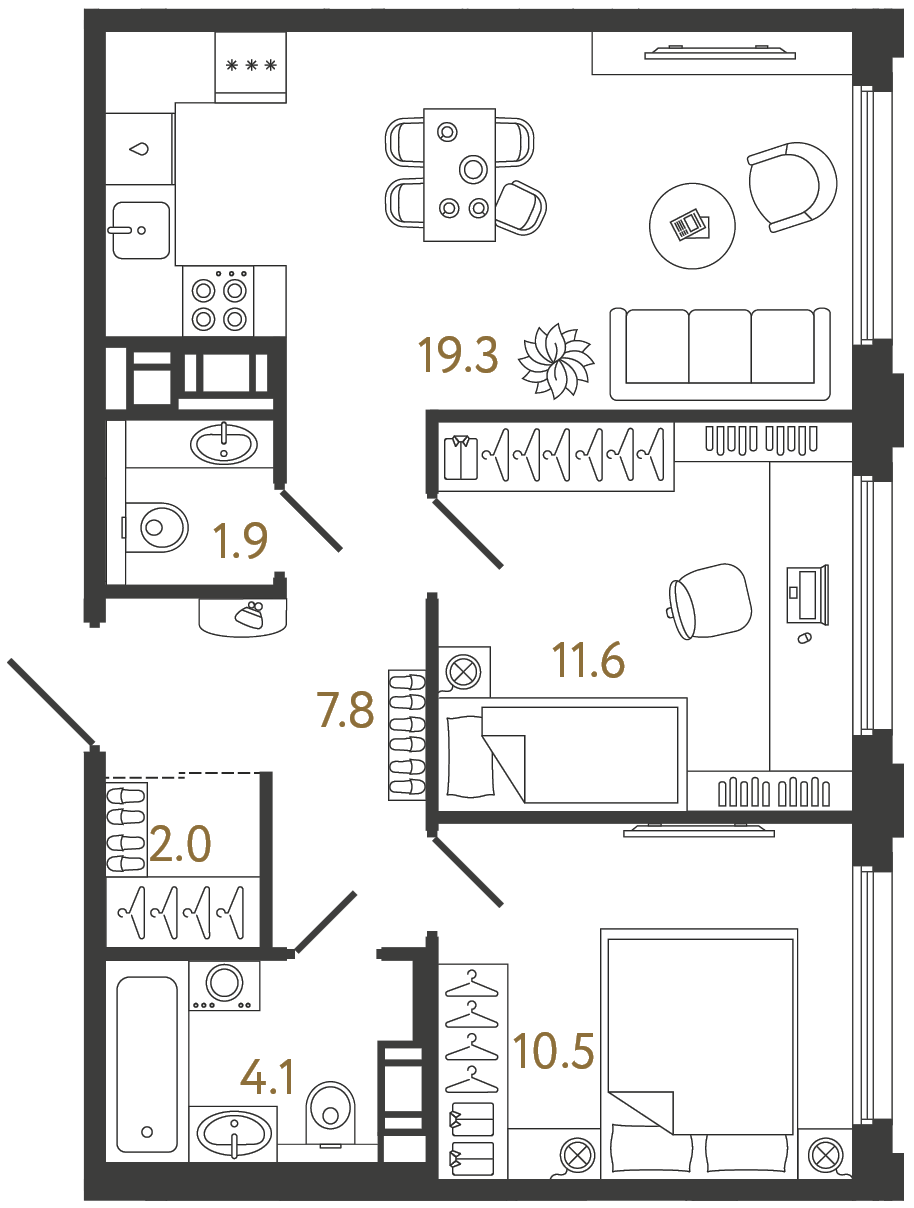 Планировка: 2-комнатная квартира, 57,2 м²