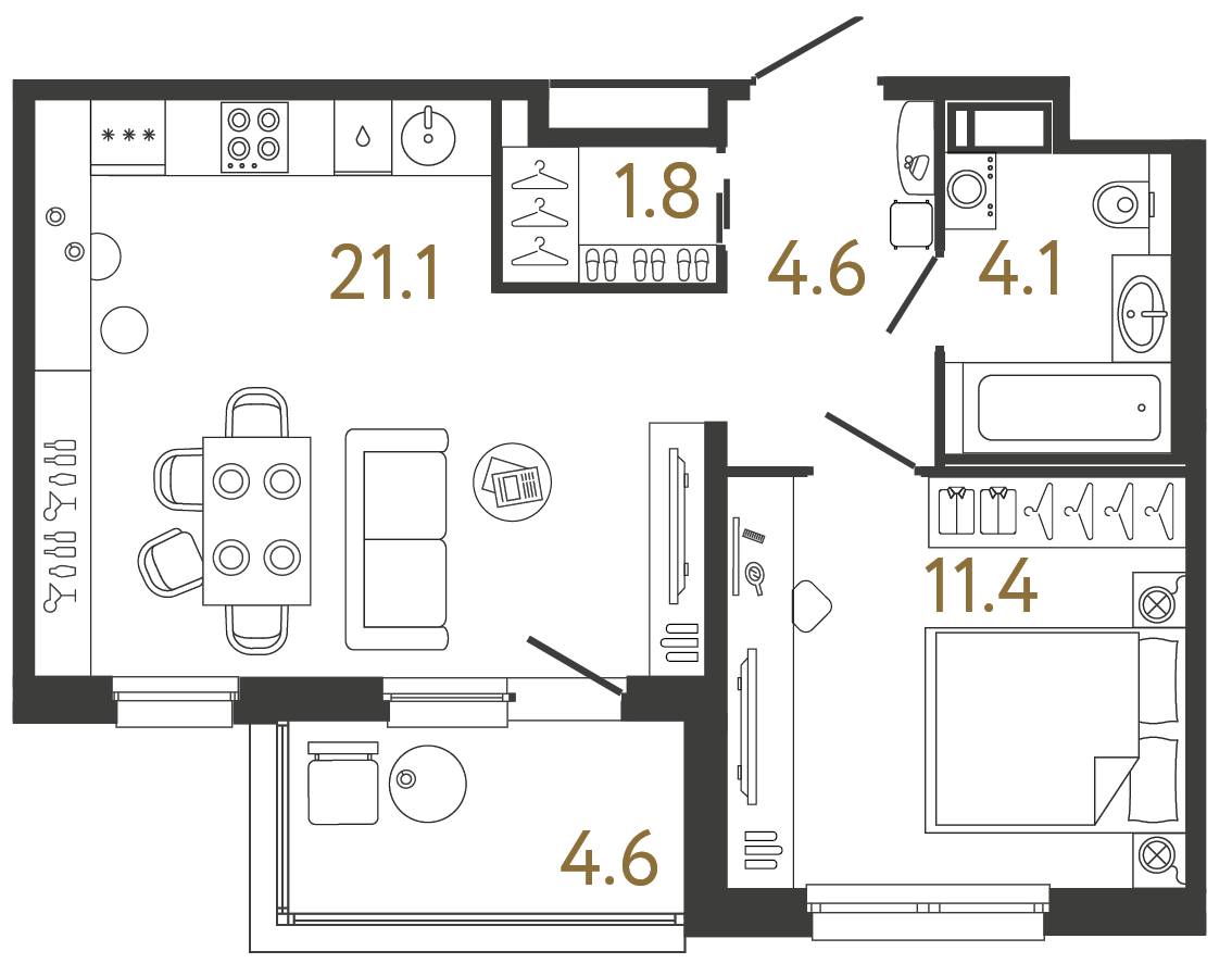Планировка: 1-комнатная квартира, 43,0 м²