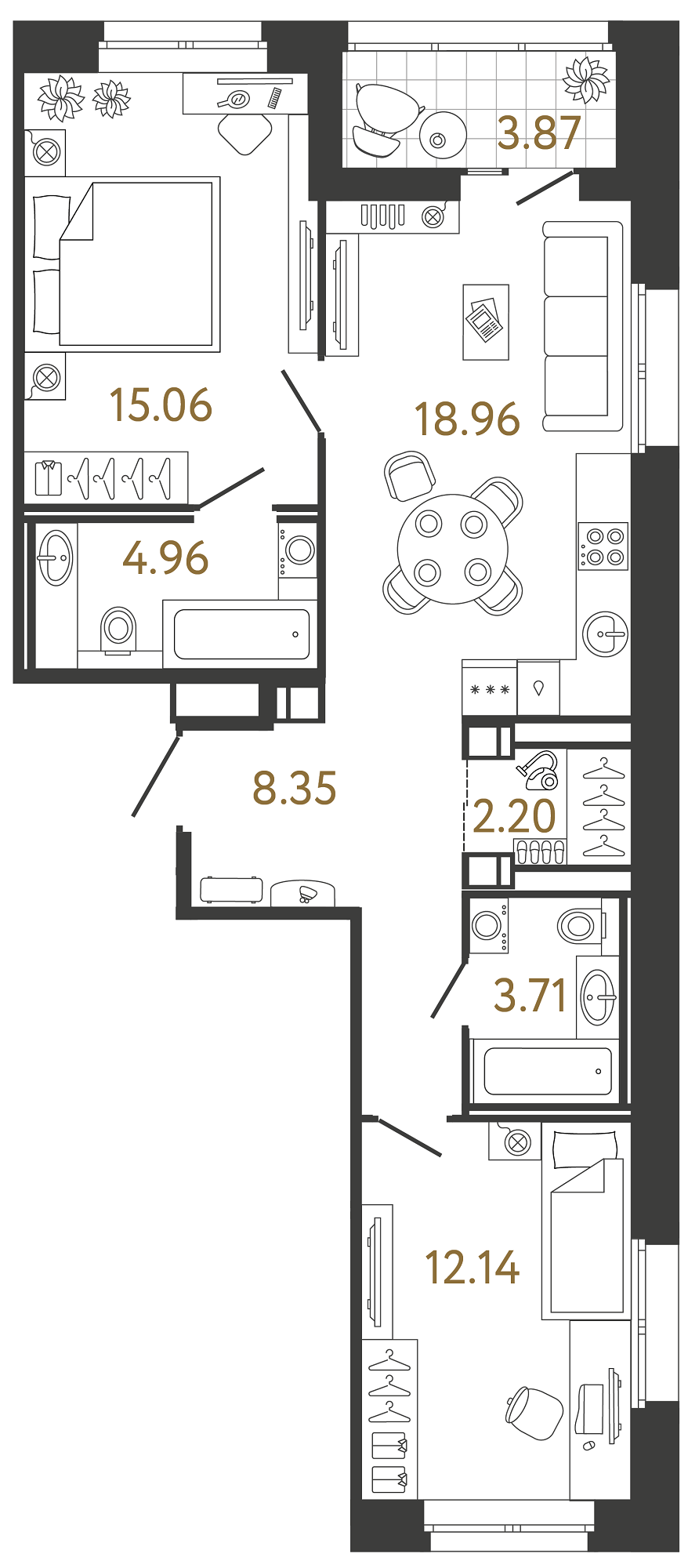 Планировка: 2-комнатная квартира, 65,4 м²