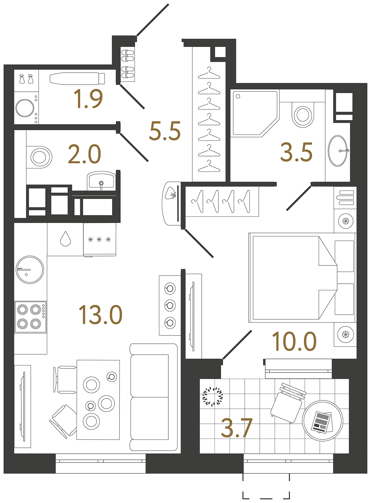 Планировка: 1-комнатная квартира, 35,9 м²