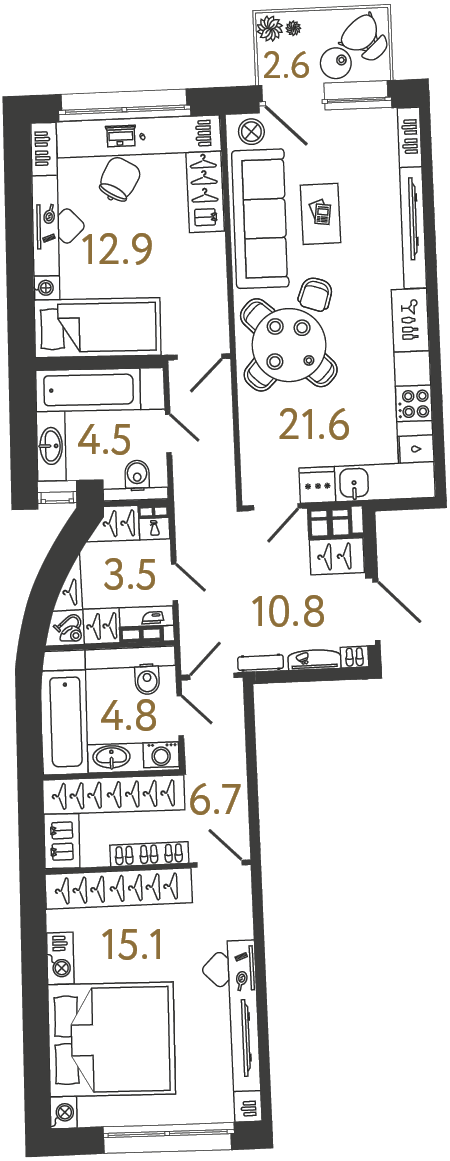 Планировка: 2-комнатная квартира, 79,9 м²