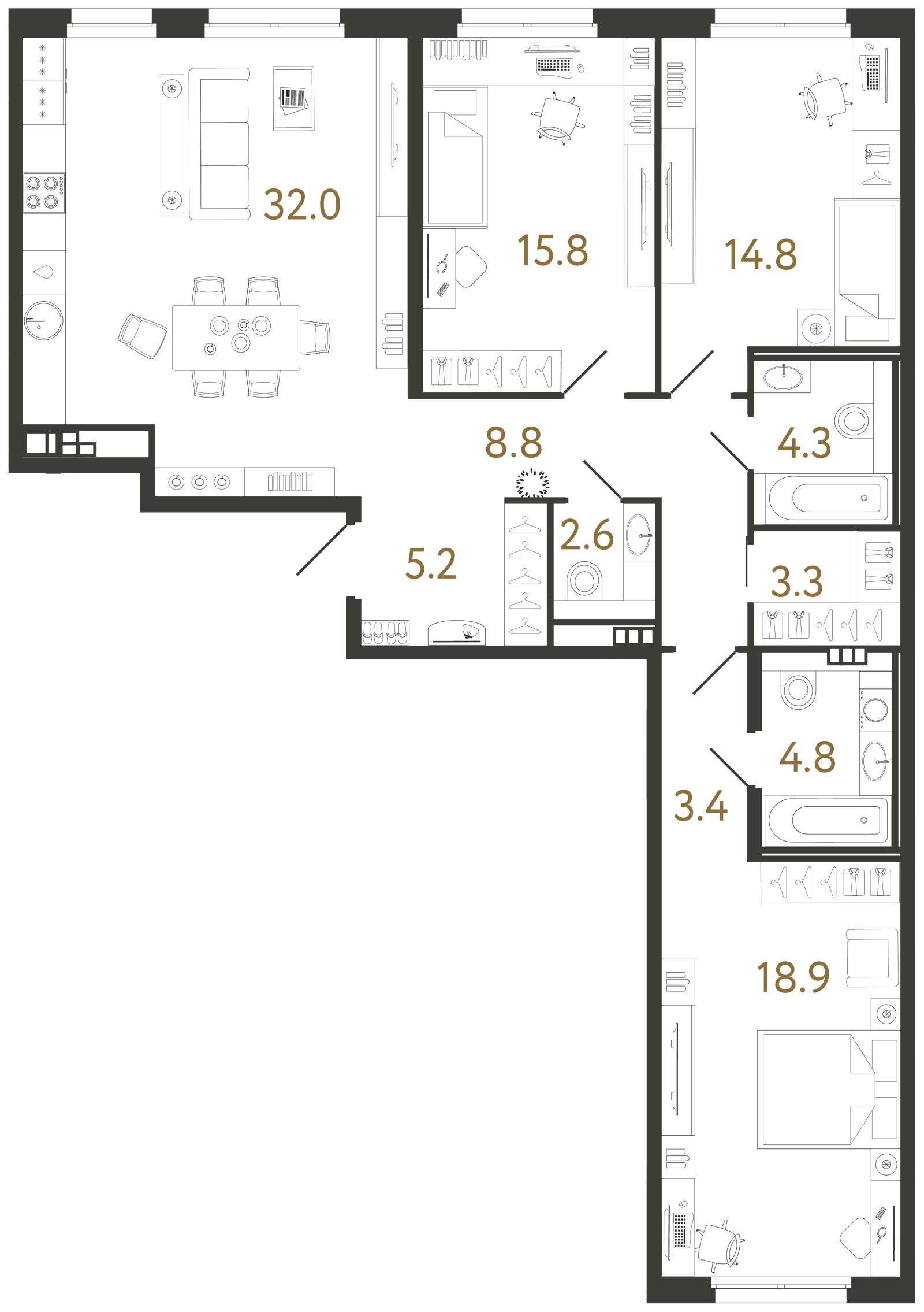Планировка: 3-комнатная квартира, 113,9 м²