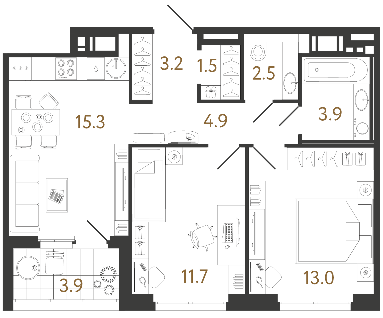 Планировка: 2-комнатная квартира, 56,0 м²