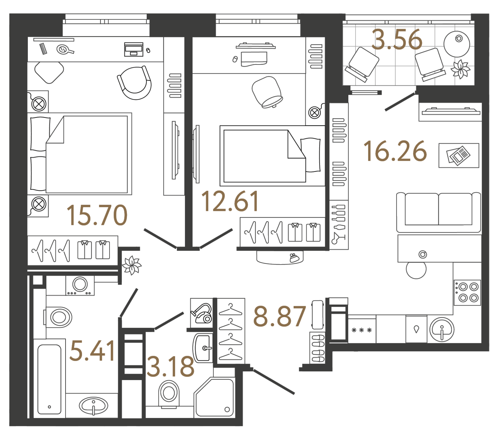 Планировка: 2-комнатная квартира, 62,0 м²