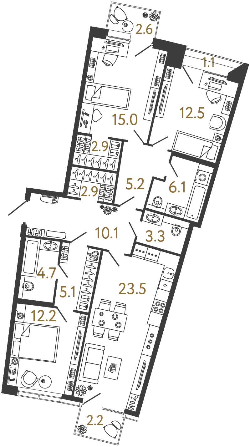 Планировка: 3-комнатная квартира, 103,5 м²