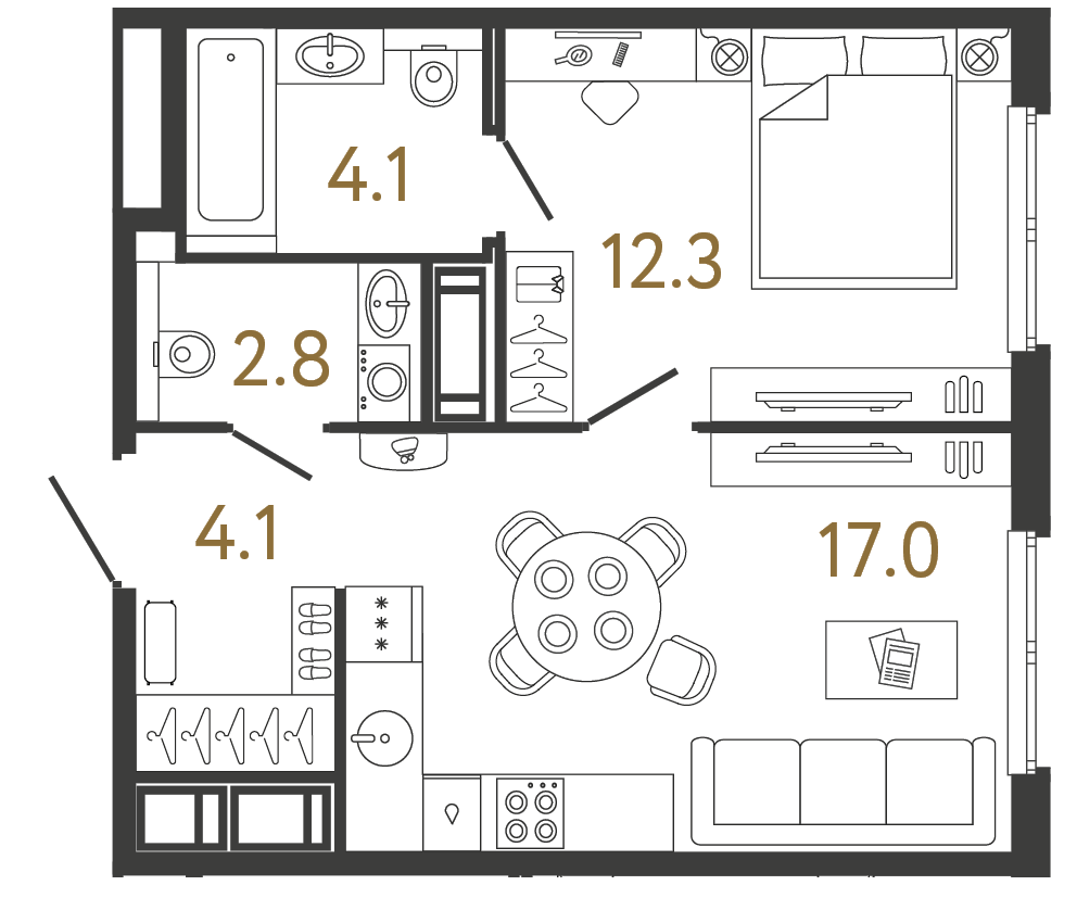 Планировка: 1-комнатная квартира, 40,3 м²