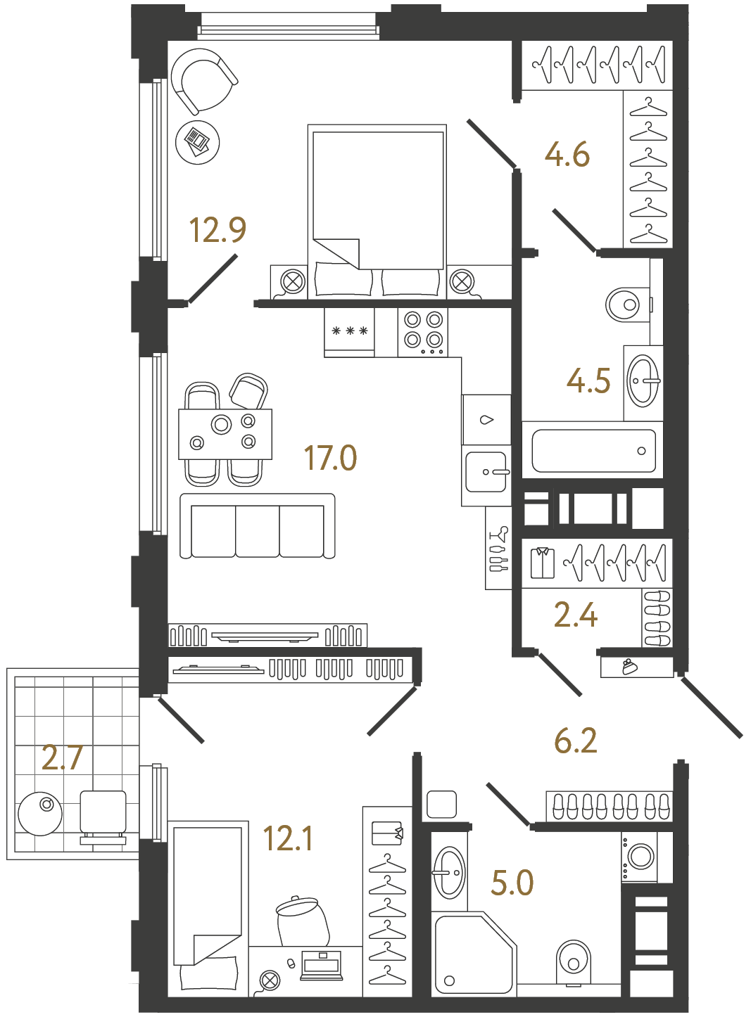 Планировка: 2-комнатная квартира, 64,7 м²