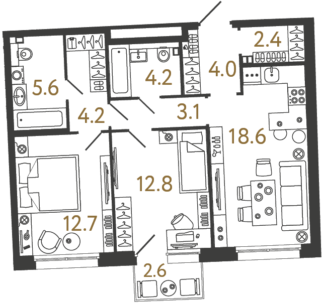Планировка: 2-комнатная квартира, 67,6 м²