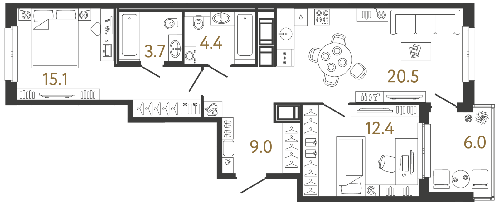 Планировка: 2-комнатная квартира, 65,1 м²